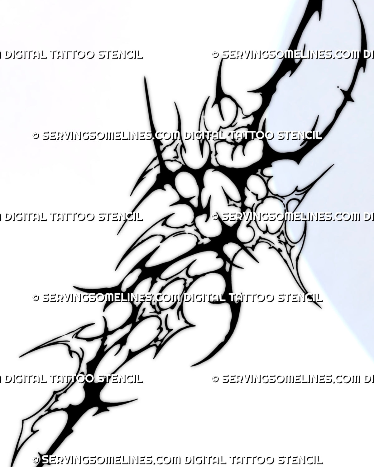 Close-up of blackwork stomach tattoo details showing solid neotribal shapes, outlined cybersigilism curves, sharp points, and contrasting open skin