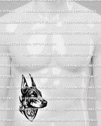 Blackwork Doberman tattoo shown on mens ribs placement, with side profile, dark lower neck shape, and sharp pointed ears.