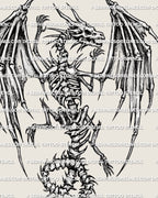 Blackwork dragon backpiece stencil with skeletal wing structure, skull, ribcage, lifted claws, and curled center tail.