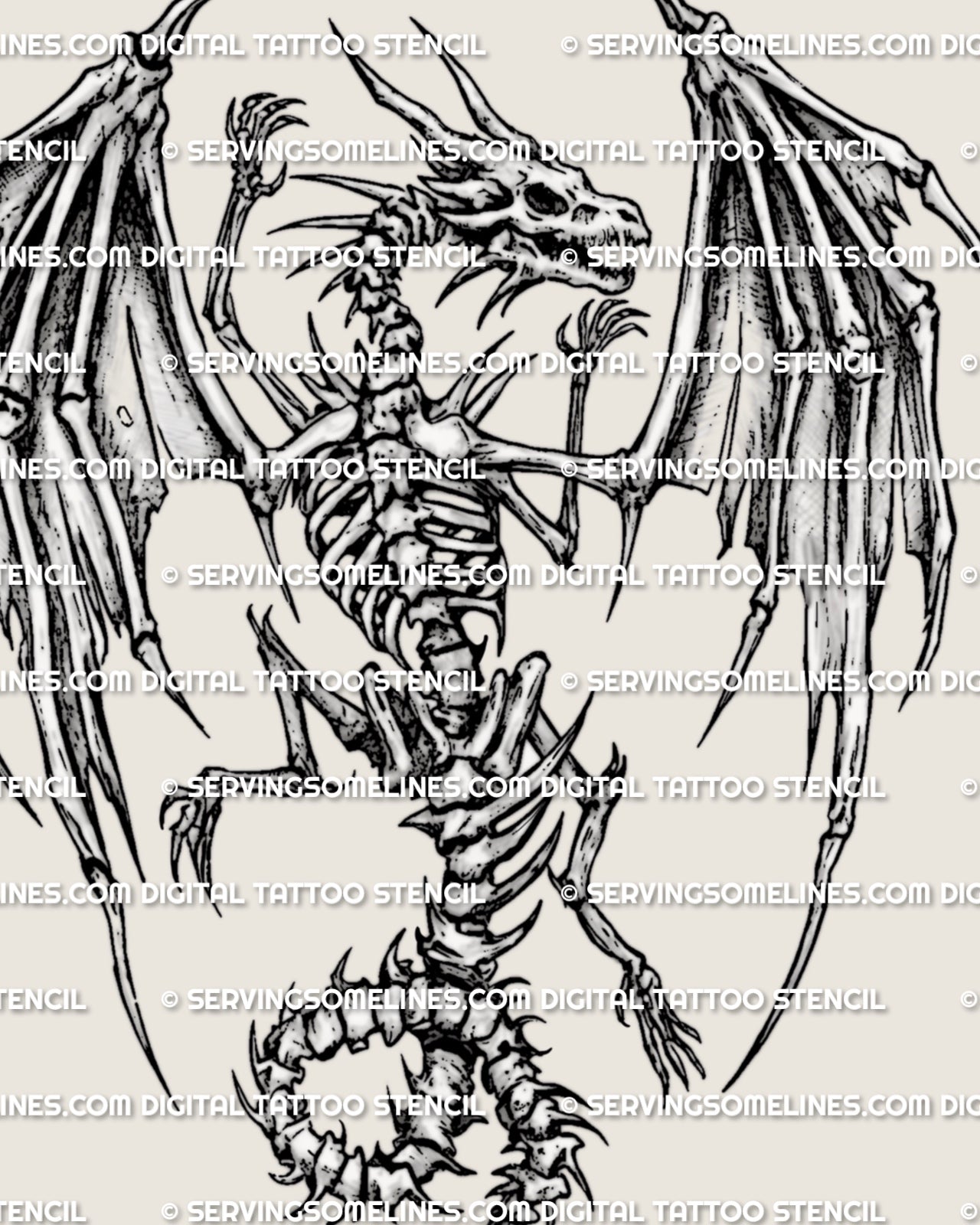 Blackwork dragon backpiece stencil with skeletal wing structure, skull, ribcage, lifted claws, and curled center tail.