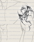 Blackwork dragon tattoo stencil displayed on men’s arm placement with skeletal skull, ribcage, torn wings, and curved tail.