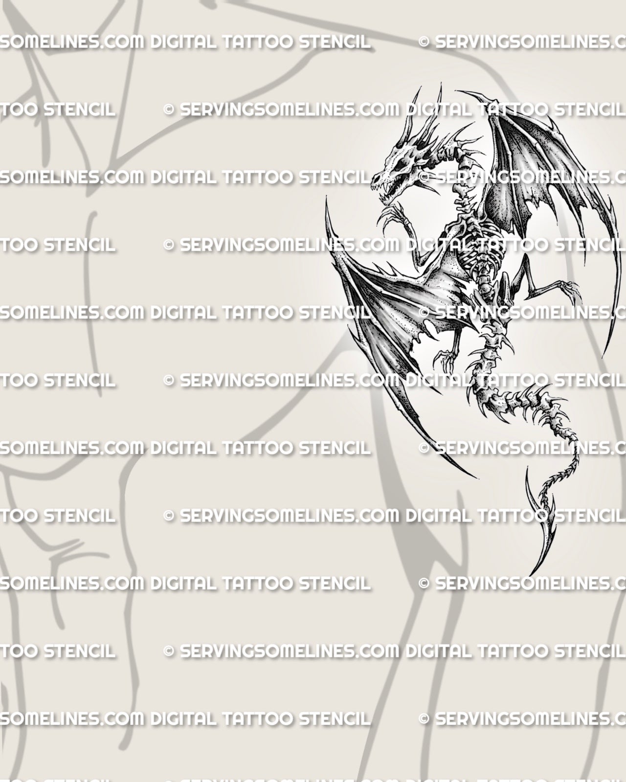 Blackwork dragon tattoo stencil displayed on men’s arm placement with skeletal skull, ribcage, torn wings, and curved tail.
