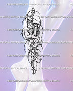 Calf tattoo placement preview of a gothic fairy design, with butterfly-like wings, illustrative blackwork, dotwork texture and long ornamental cybersigilism curves.