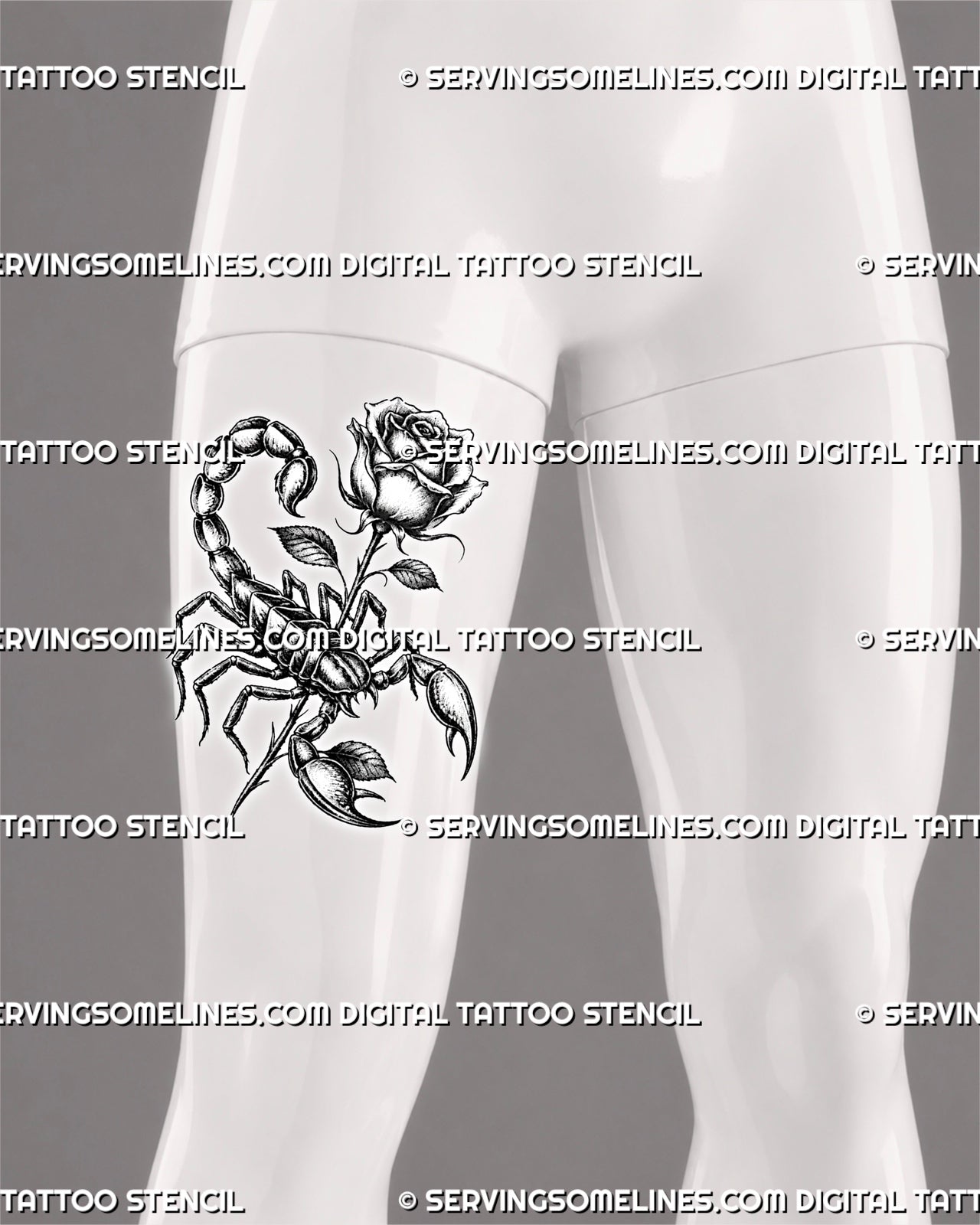 Blackwork rose scorpion tattoo displayed on men's front thigh, with shaded petals, raised tail, claws, and strong stencil contrast