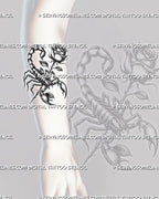 Blackwork scorpion rose tattoo displayed on forearm placement, with sharp claws, raised tail, rose bloom, and dark leaves