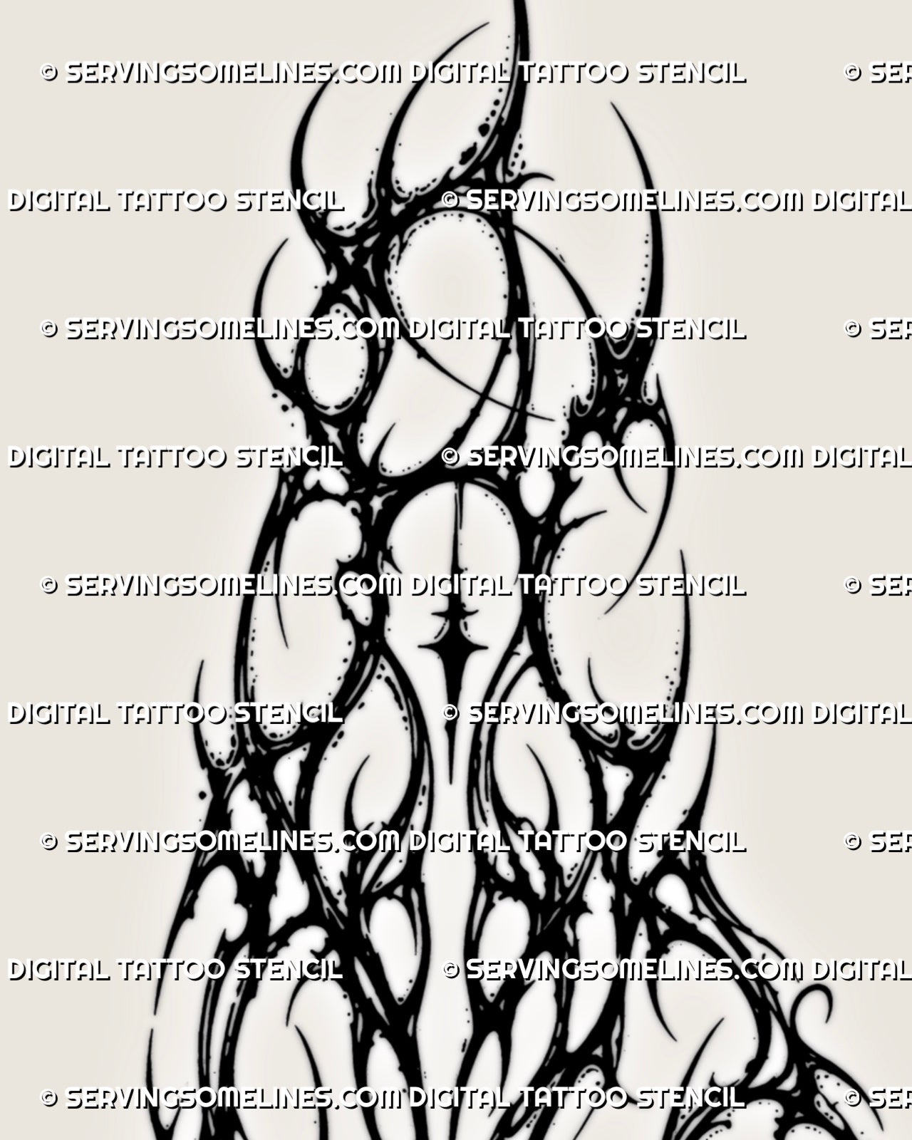 Close view of blackwork style hand tattoo stencil showing neotribal detail, knuckle spacing, and sharp linework