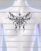 Black wings tattoo shown at the center of the chest, with outward-sweeping curves, pointed star accents and a narrow descending middle.