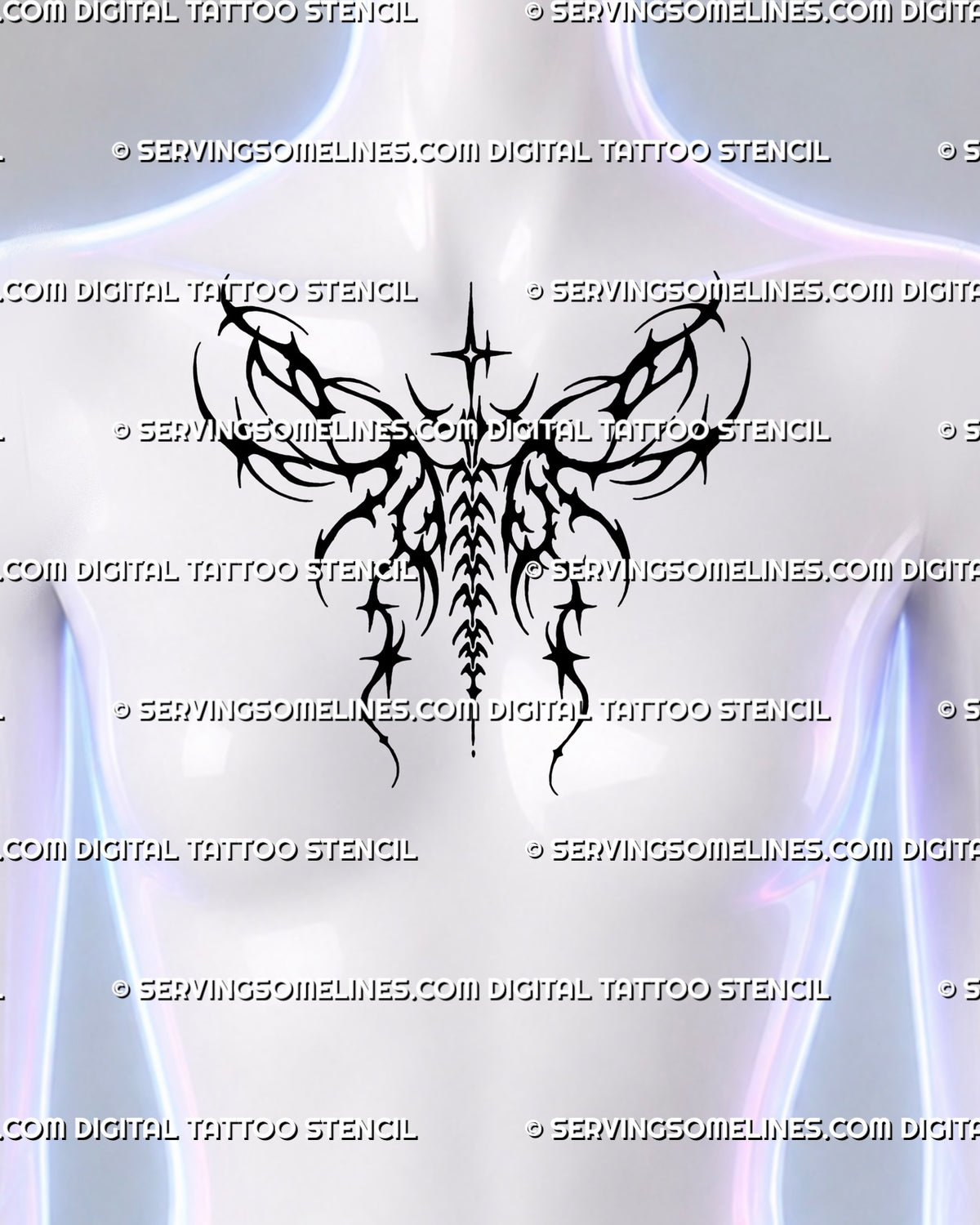 Black wings tattoo shown at the center of the chest, with outward-sweeping curves, pointed star accents and a narrow descending middle.