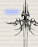 Blackwork sword and dagger tattoo details, close-up of line weights and negative space; crisp apex, balanced guard geometry, studio-ready for precise stencil transfer.