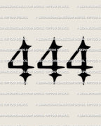Bold black 444 tattoo stencil with filled angel number design, sharp edges, and strong compact shape.