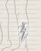Bold lightning bolt tattoo stencil shown on calf placement, with angled zigzag shape and electric branch detail.
