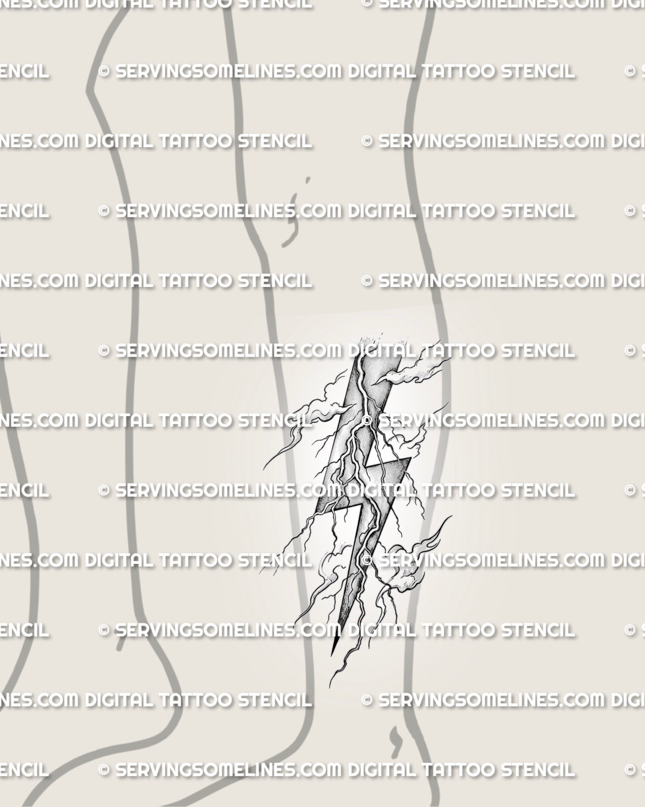Bold lightning bolt tattoo stencil shown on calf placement, with angled zigzag shape and electric branch detail.