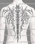 Bone wings spine tattoo shown on a man’s full back with mirrored skeletal wings, vertebral column, cyber tribal details, and wide shoulder framing