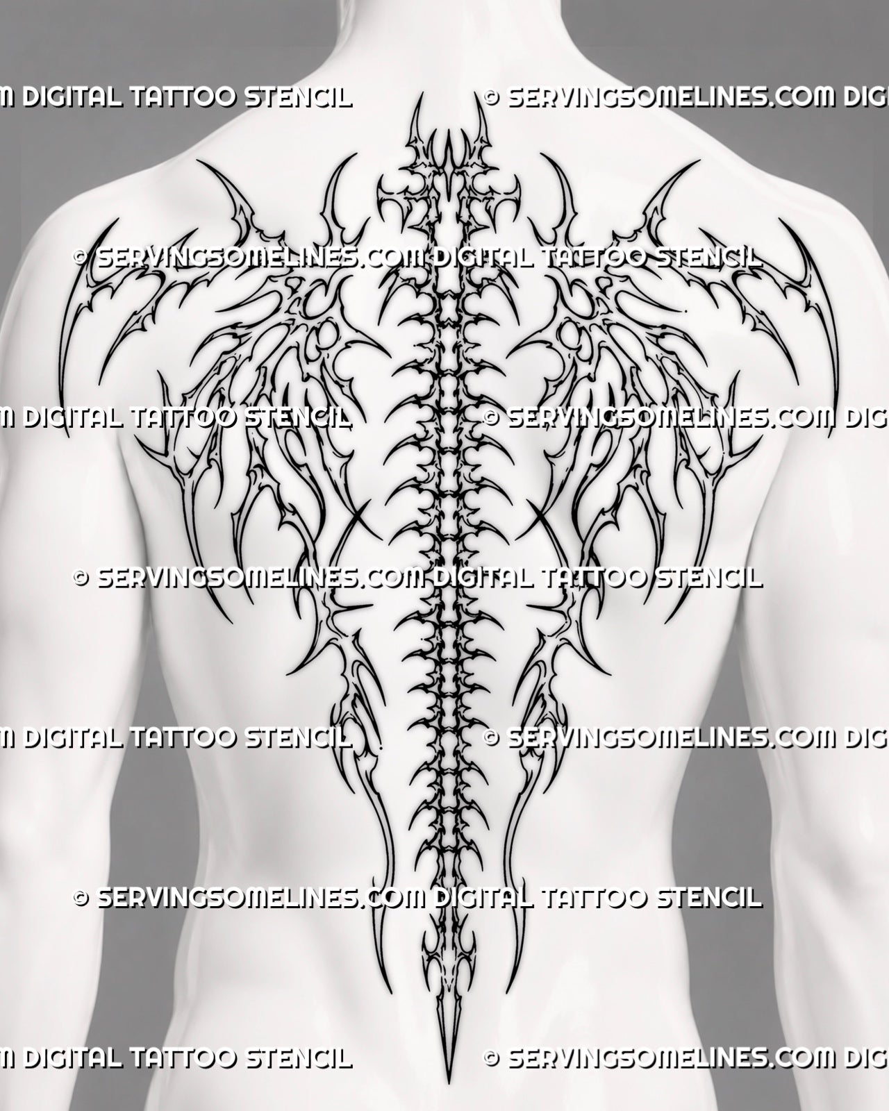 Bone wings spine tattoo shown on a man’s full back with mirrored skeletal wings, vertebral column, cyber tribal details, and wide shoulder framing
