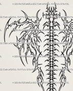 Close-up of bone wings spine tattoo details showing curved skeletal plates, sharp hooked extensions, open negative space, and dark gothic cyber linework