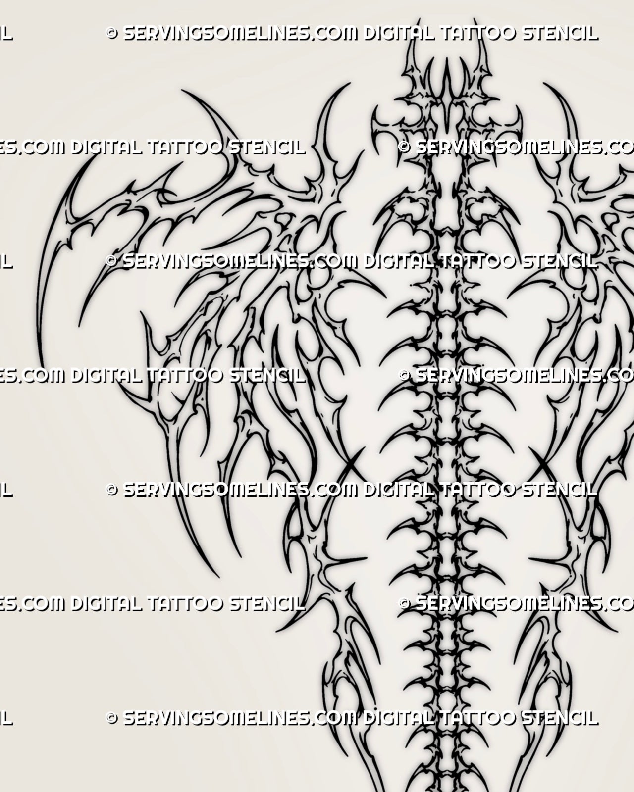 Close-up of bone wings spine tattoo details showing curved skeletal plates, sharp hooked extensions, open negative space, and dark gothic cyber linework
