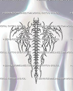 Bone wings spine tattoo shown as a smaller women’s upper-to-mid back placement with skeletal framing, centered vertebrae, and tapered cyber tribal linework