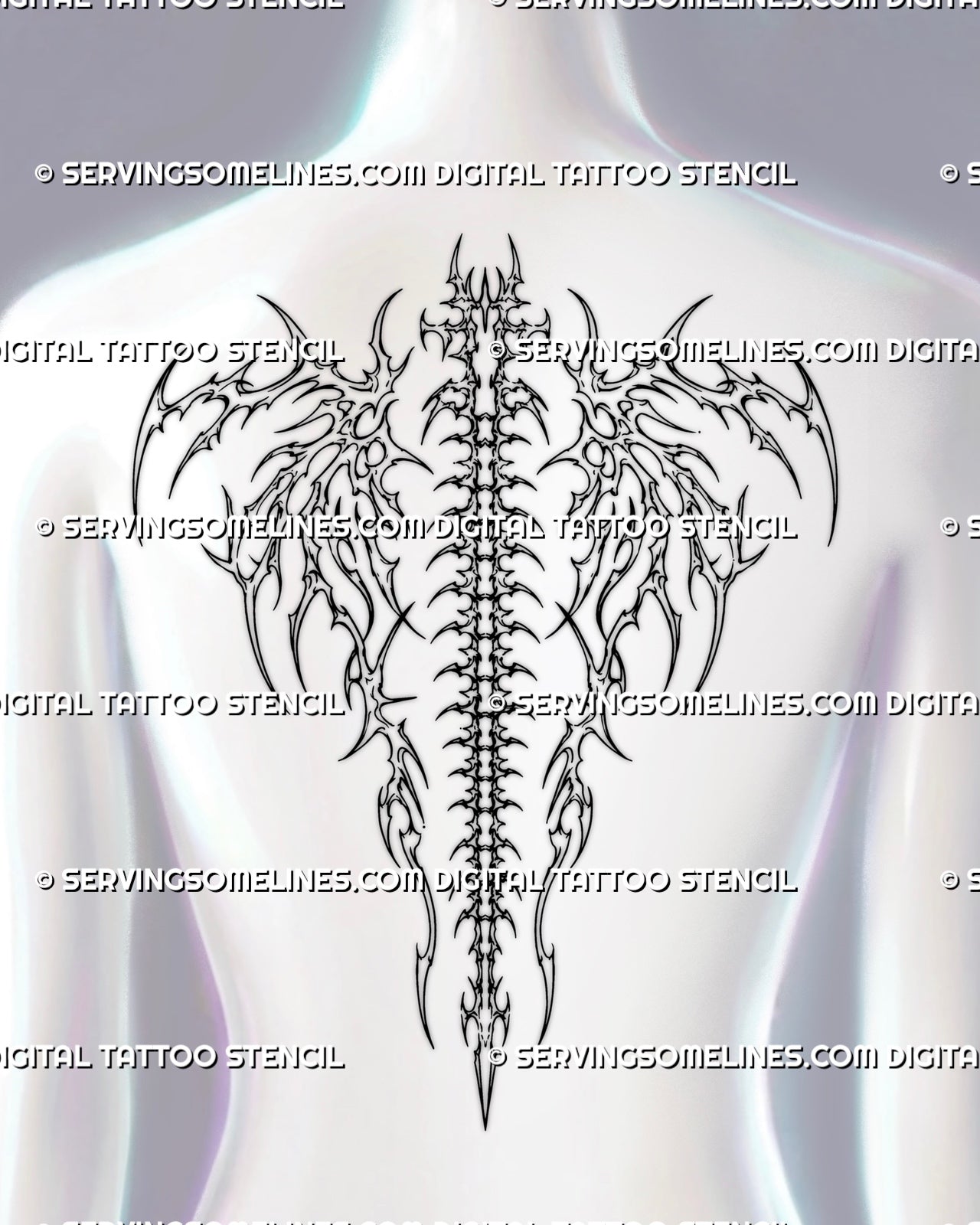 Bone wings spine tattoo shown as a smaller women’s upper-to-mid back placement with skeletal framing, centered vertebrae, and tapered cyber tribal linework
