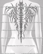 Bone wings tattoo shown across a woman’s shoulder blades and spine with wide skeletal framing, symmetrical cybersigilism linework, and centered vertebral structure