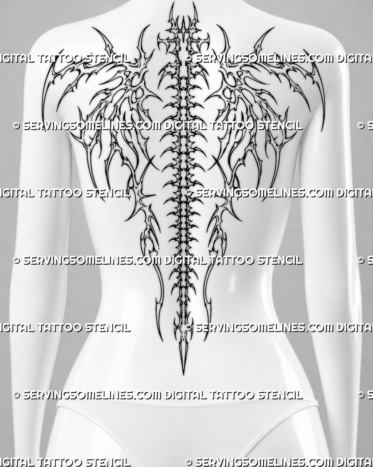 Bone wings tattoo shown across a woman’s shoulder blades and spine with wide skeletal framing, symmetrical cybersigilism linework, and centered vertebral structure