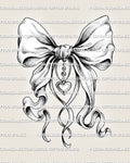 Bow tattoo stencil design with ribbon tails, folded bow detail, and a small heart charm accent for a soft feminine tattoo download.