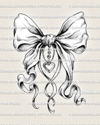 Bow tattoo stencil design with ribbon tails, folded bow detail, and a small heart charm accent for a soft feminine tattoo download.