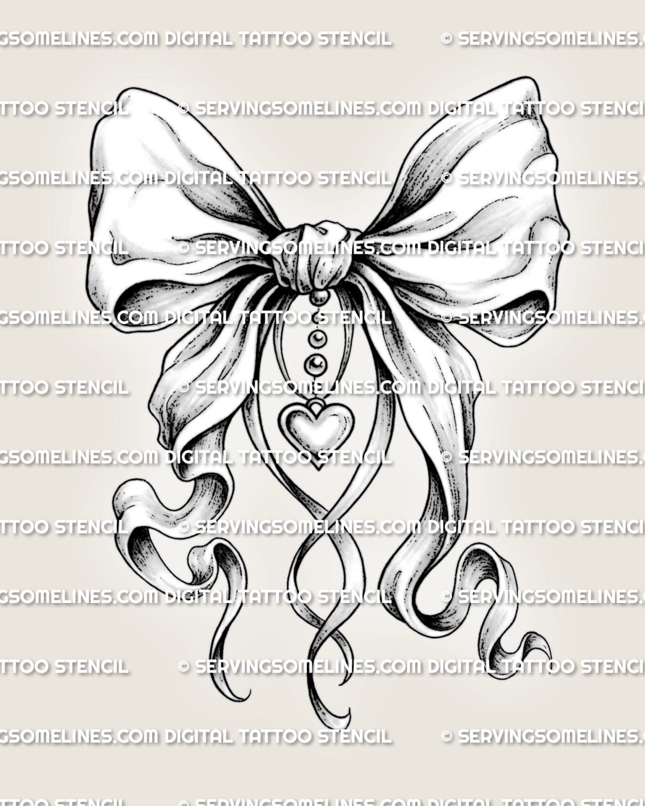 Bow tattoo stencil design with ribbon tails, folded bow detail, and a small heart charm accent for a soft feminine tattoo download.