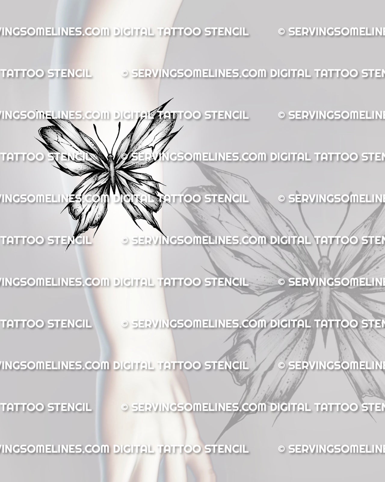 Broken butterfly tattoo stencil shown on forearm placement with cracked wings and sharp glass-like edges