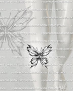 Broken glass butterfly tattoo shown below the knee with fractured wing detail and readable blackwork-style shading