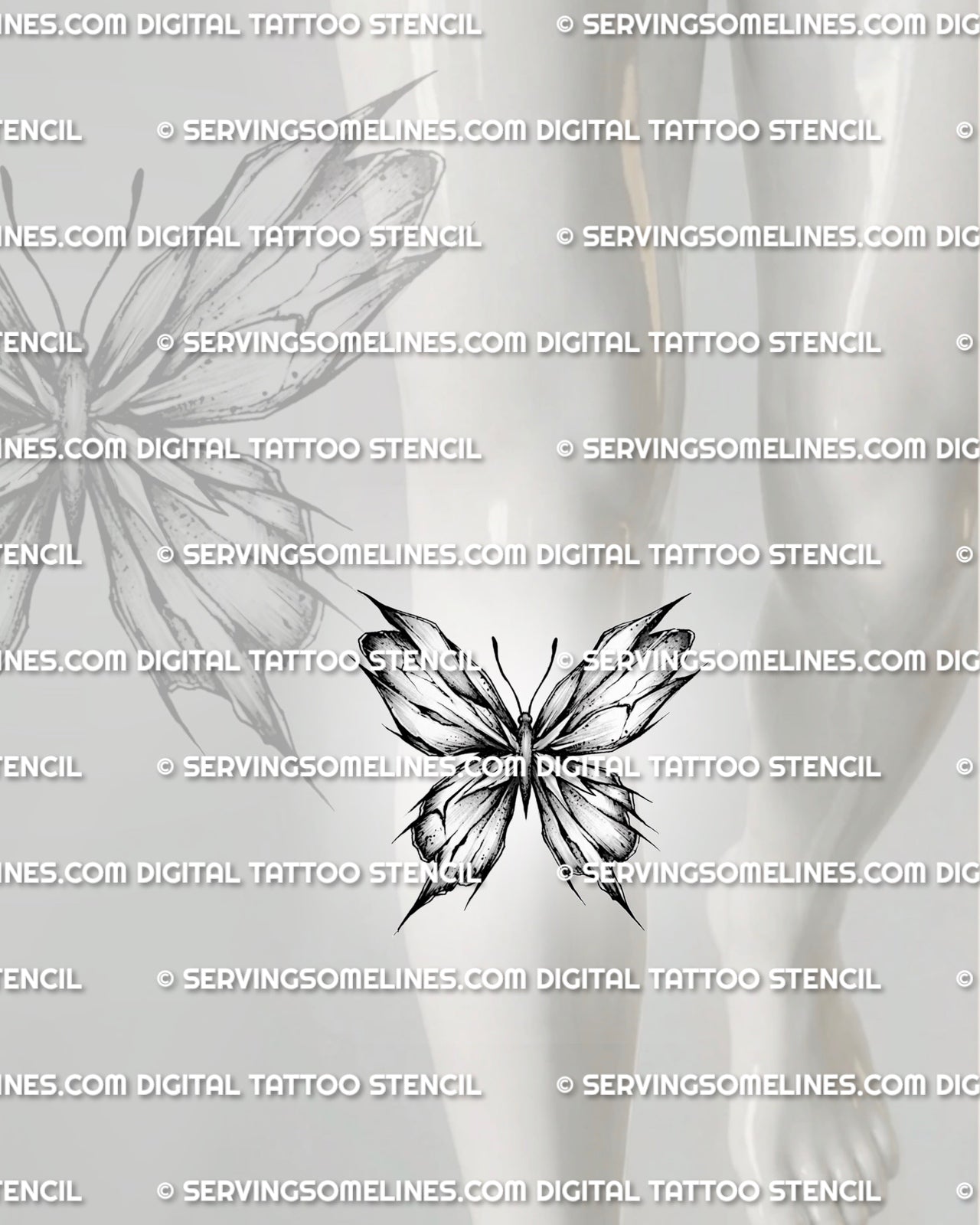 Broken glass butterfly tattoo shown below the knee with fractured wing detail and readable blackwork-style shading