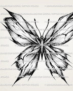 Broken wing butterfly tattoo stencil with shattered wing sections, pointed edges, and clear black stencil contrast