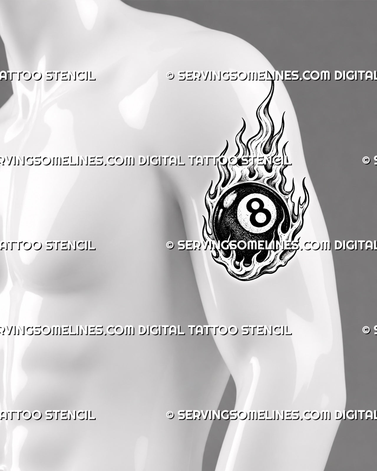 Burning 8 ball tattoo shown on a man’s arm with layered flames surrounding the ball, a readable number 8, highlights, and stippled shading
