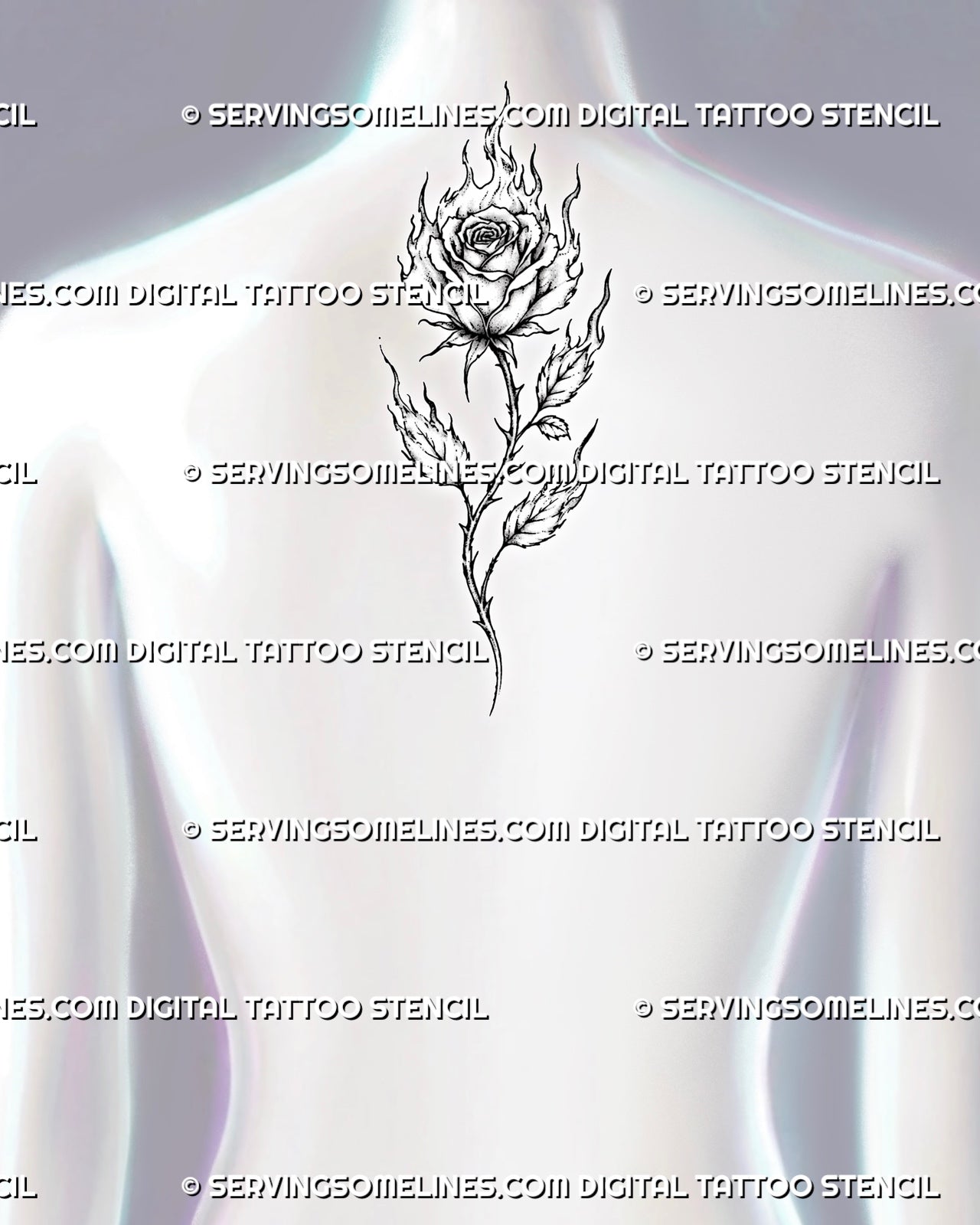 Burning rose tattoo shown at the upper-back center with flaming petals, fire-shaped leaves, a thorned stem, and elongated botanical flow