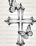 Butterfly and cross tattoo design with clean outline structure, dotwork texture, pointed ends, and readable symbolic shape. 