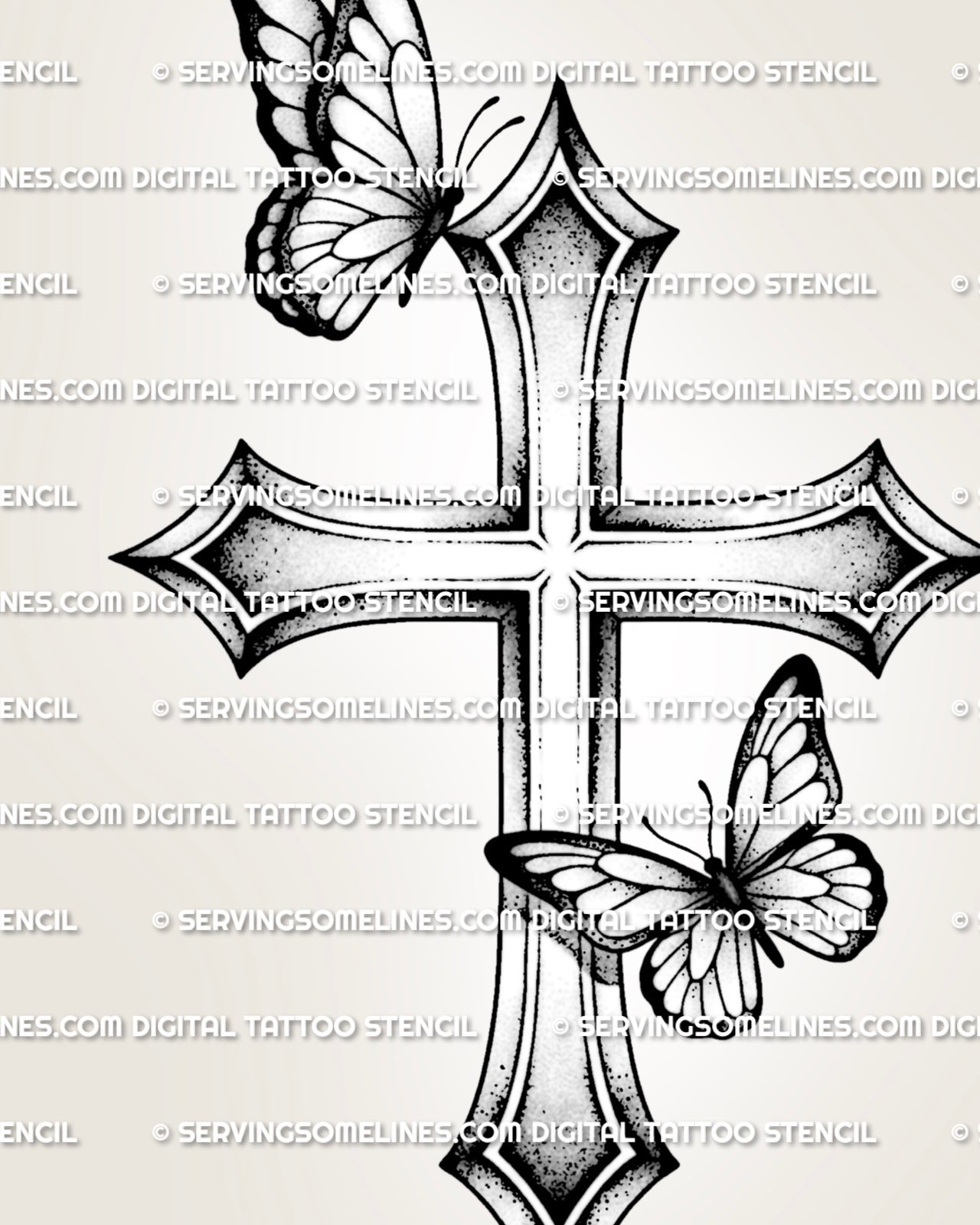 Butterfly and cross tattoo design with clean outline structure, dotwork texture, pointed ends, and readable symbolic shape. 