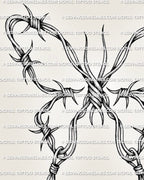 Butterfly barbed wire tattoo close view showing twisted knots, shaded wire texture, and sharp wing points