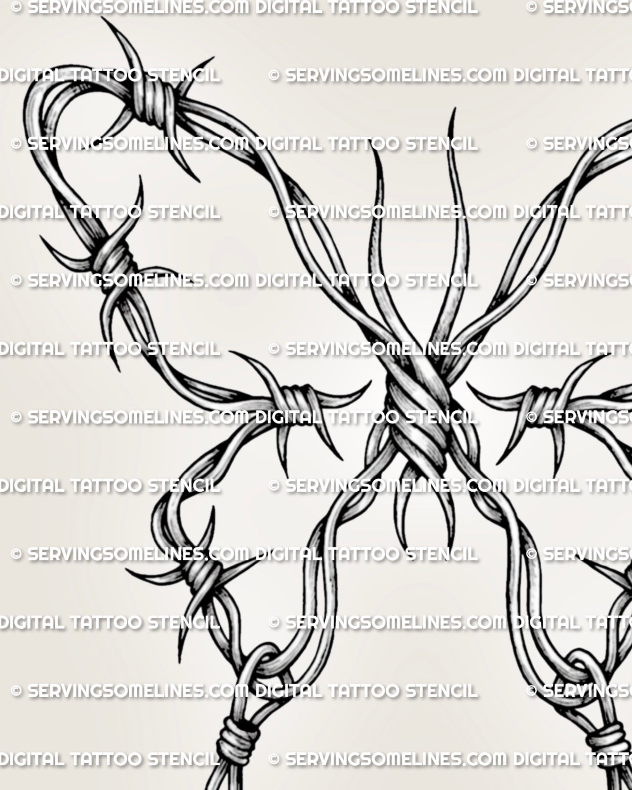 Butterfly barbed wire tattoo close view showing twisted knots, shaded wire texture, and sharp wing points