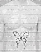 Butterfly barbed wire tattoo shown on men’s stomach center placement with wide wings and twisted center knot