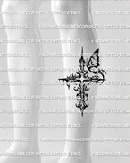 Butterfly cross tattoo stencil shown on calf placement with cyber sigil structure, pointed edges, and hanging dot details
