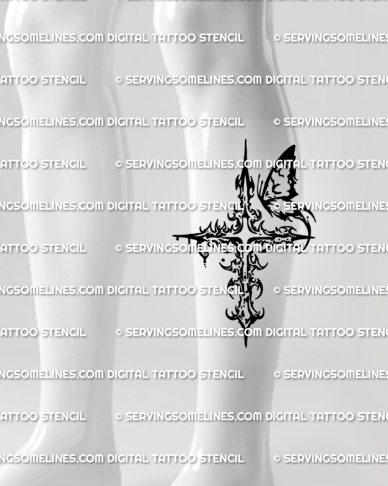 Butterfly cross tattoo stencil shown on calf placement with cyber sigil structure, pointed edges, and hanging dot details