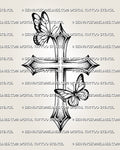 Butterfly cross tattoo stencil with pointed cross ends, two butterfly details, soft shading, and clean printable design file.