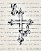 Butterfly cross tattoo stencil with pointed cross ends, two butterfly details, soft shading, and clean printable design file.