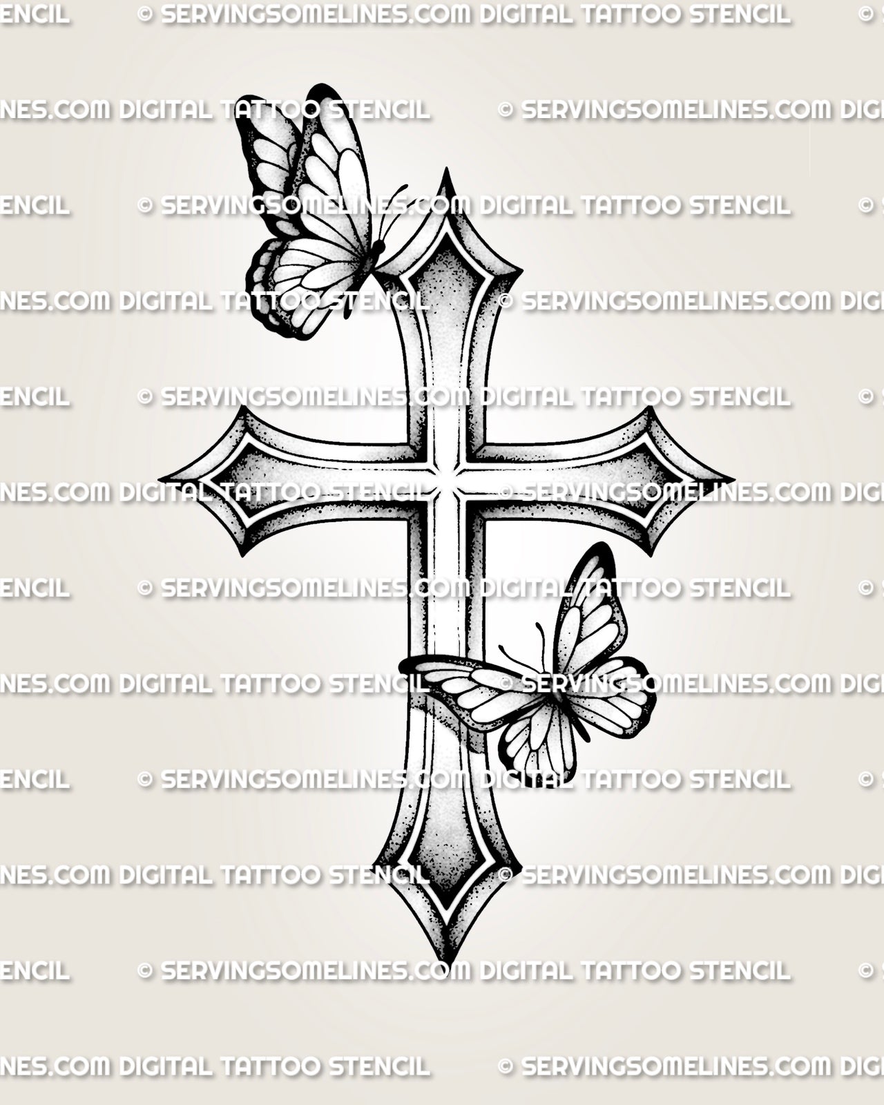 Butterfly cross tattoo stencil with pointed cross ends, two butterfly details, soft shading, and clean printable design file.