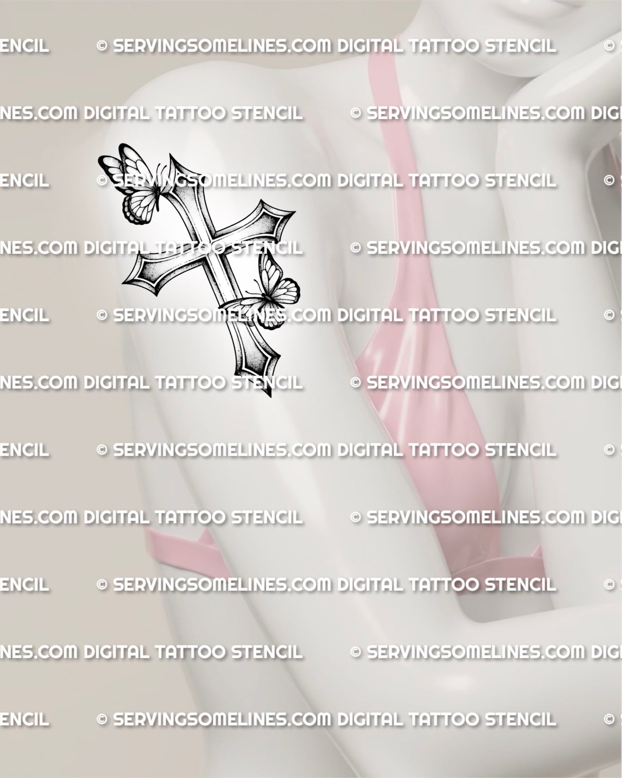 Butterfly cross tattoo shown on womens upper arm placement, symbolic cross design with two butterfly accents and soft shading.