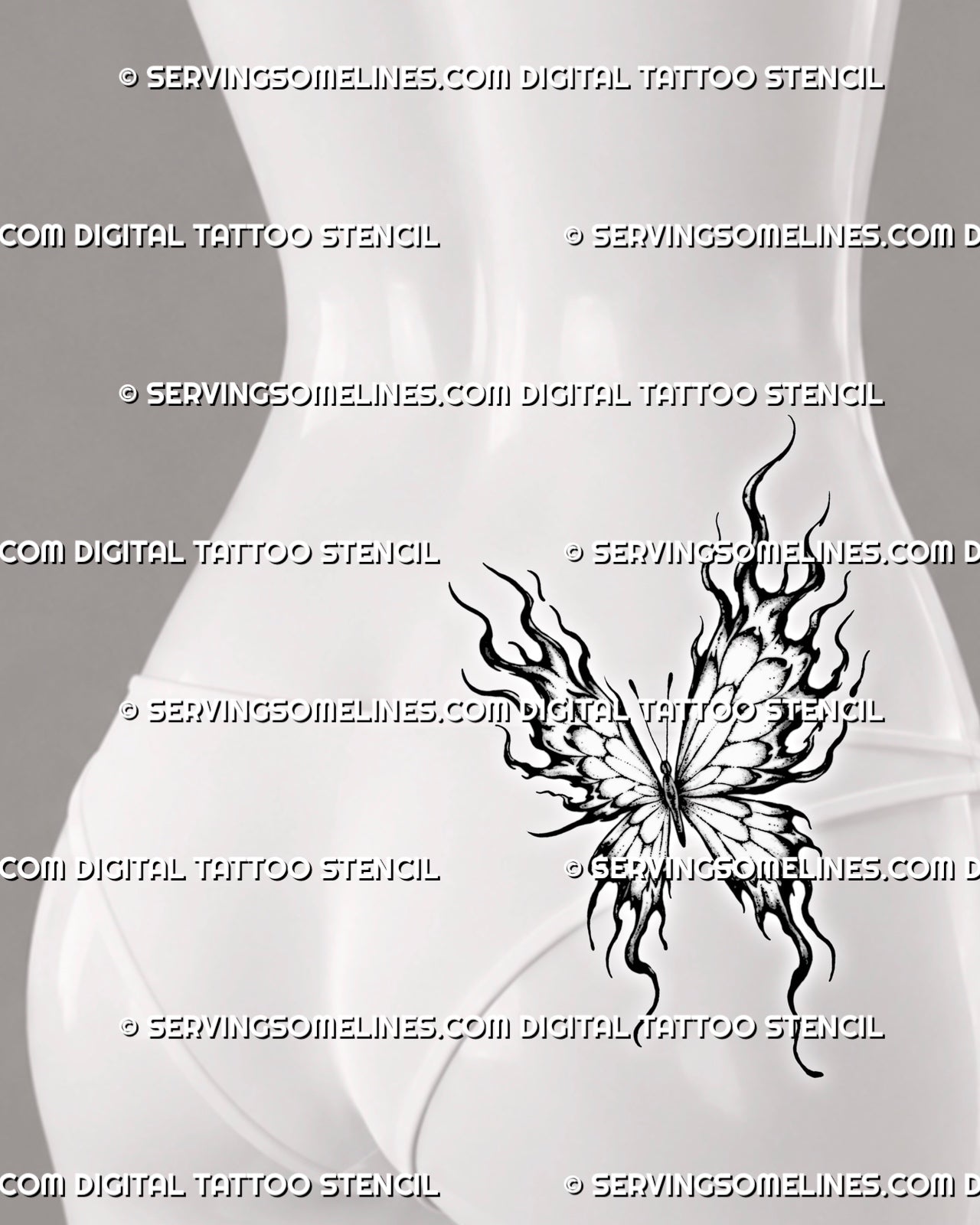 Butterfly flame tattoo shown on a woman’s lower-back hip with open wings, trailing fire shapes, asymmetrical movement, and layered black-and-grey details