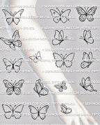 Butterfly stencil tattoo set shown on forearm placement with multiple small outline designs for comparing shape and size.