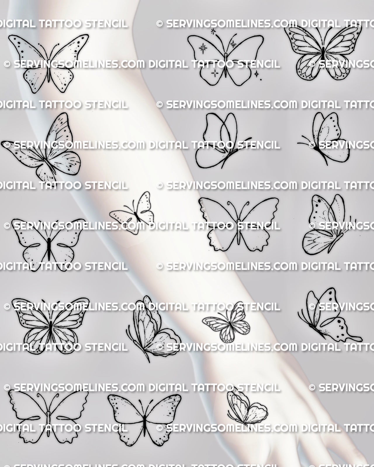 Butterfly stencil tattoo set shown on forearm placement with multiple small outline designs for comparing shape and size.