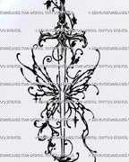 Butterfly sword tattoo design with an ornate central blade, irregular fantasy wings, curling botanical tendrils, leaf-like black fragments, stippled dots, and gothic ornament