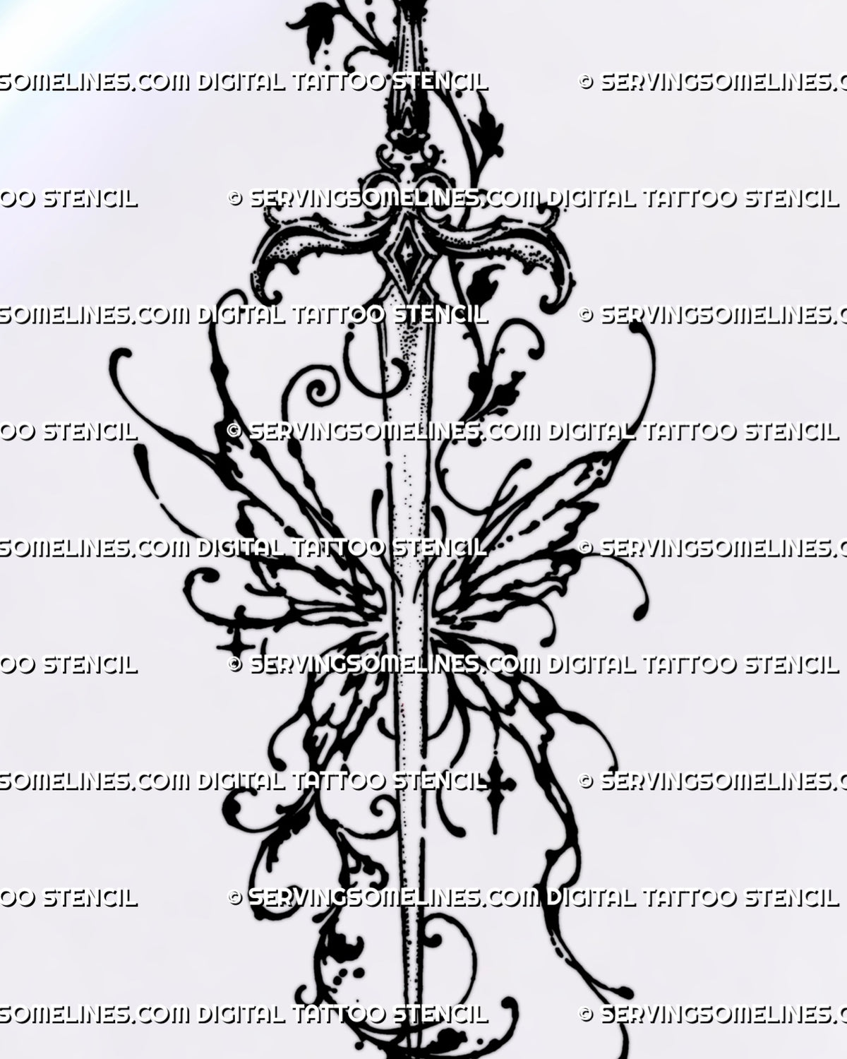 Butterfly sword tattoo design with an ornate central blade, irregular fantasy wings, curling botanical tendrils, leaf-like black fragments, stippled dots, and gothic ornament