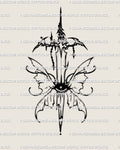 Butterfly sword tattoo design with fairy style wings and an eye detail, fantasy dagger concept with spark accents shown in clean linework.